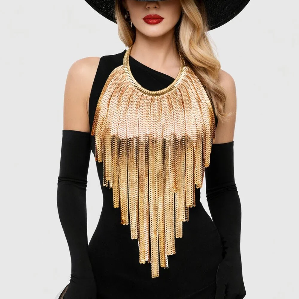 Luxury Gold Fringe Bib Necklace - Picture 2 of 4
